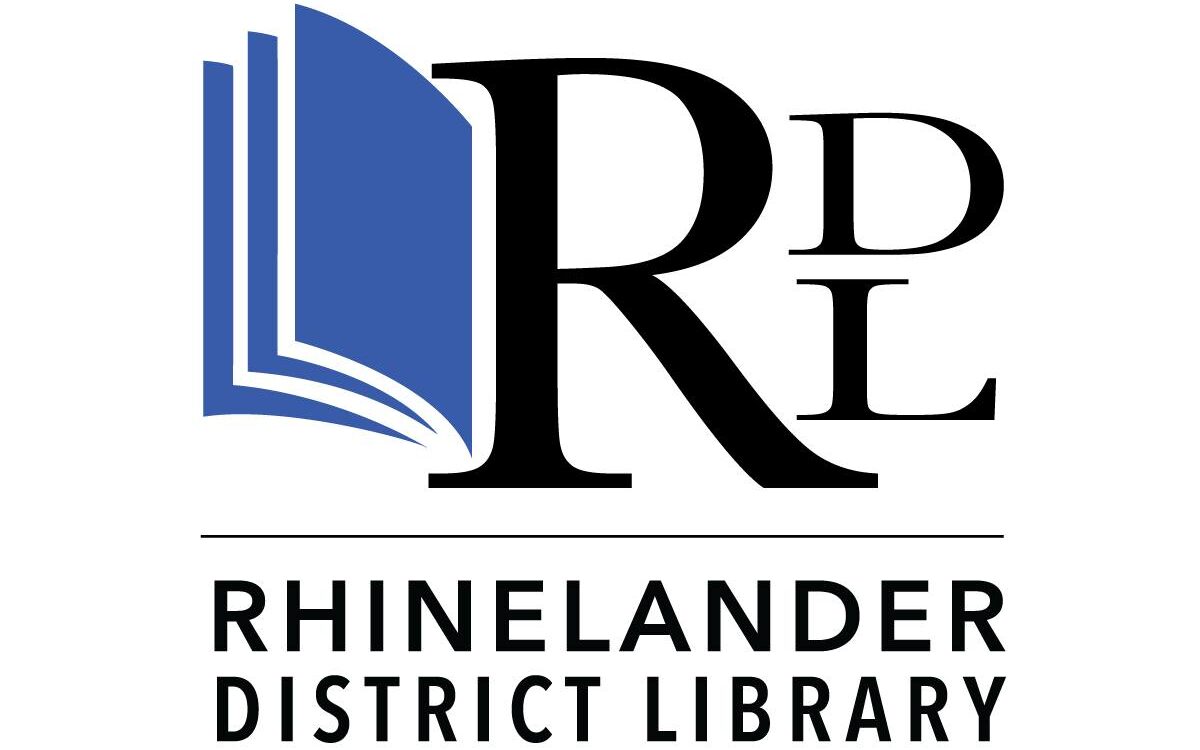 Rhinelander District Library Logo, the initials RDL and a a blue book.